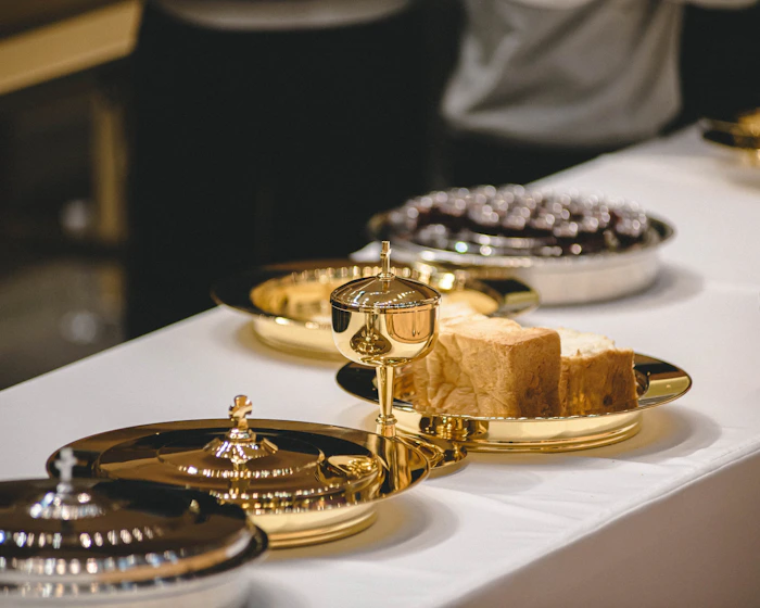 Professional corporate event catering with buffet and service staff