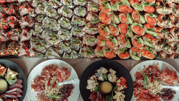 Beautifully styled modern buffet with diverse food options