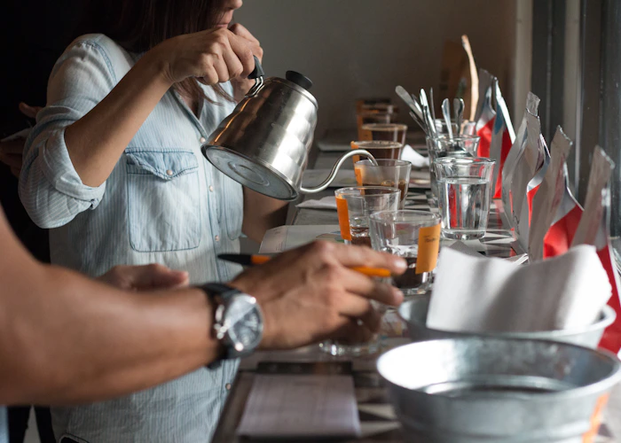 Catering staff setting up a professional event service
